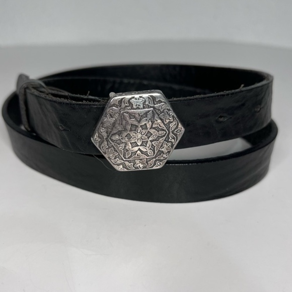 Vintage Nordstrom Ibel Pewter Buckle Black Leather Belt Made In Italy  32" - 38"